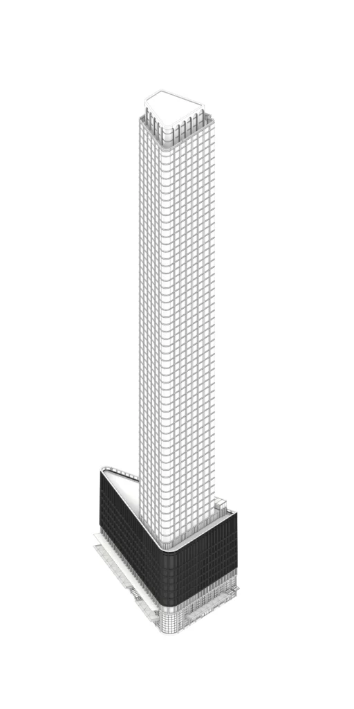 Isometric illustration of Queensbridge tower with street labels Hannah St and Queens Bridge St